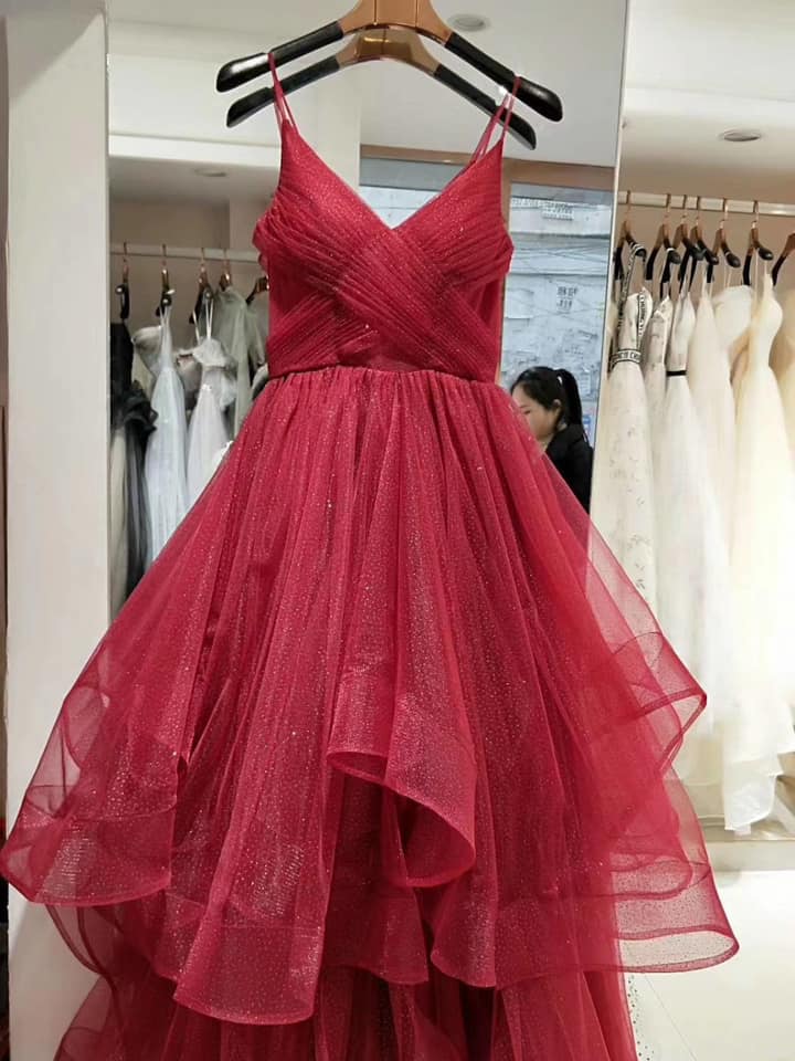 A Line Spaghetti Straps Sparkly 2025 Red Tulle Prom Dresses