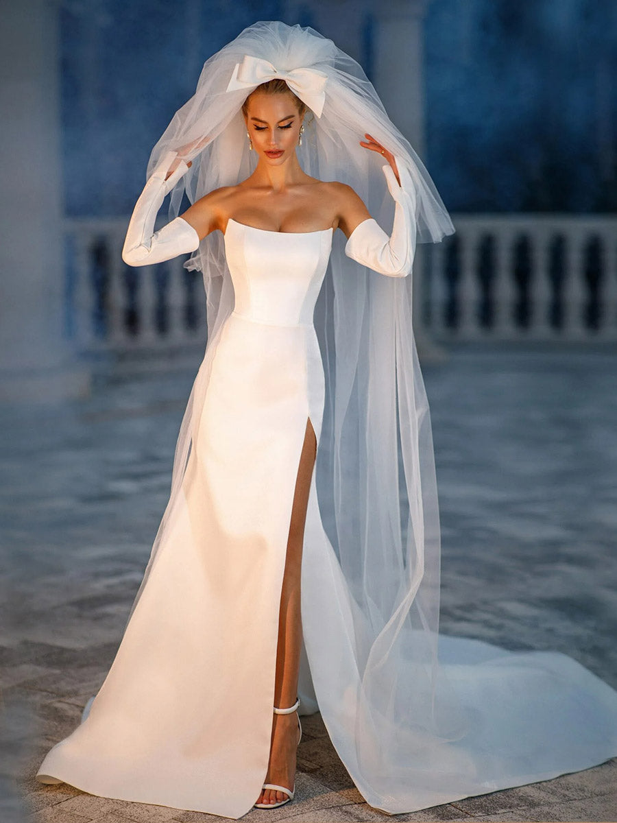 A-Line Strapless High Slit Sleek Satin Simple Wedding Dress with Train