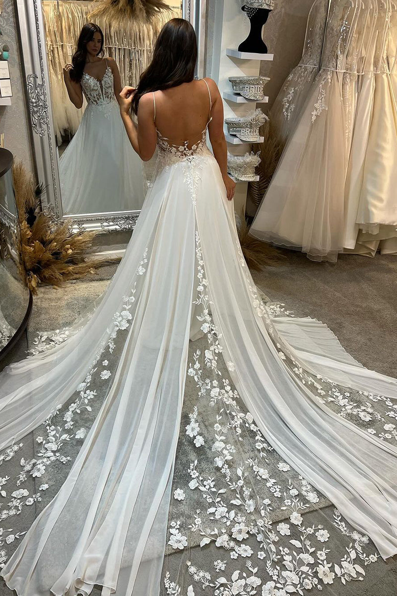 A-Line V Neck Chiffon Boho White Appliques Wedding Dresses