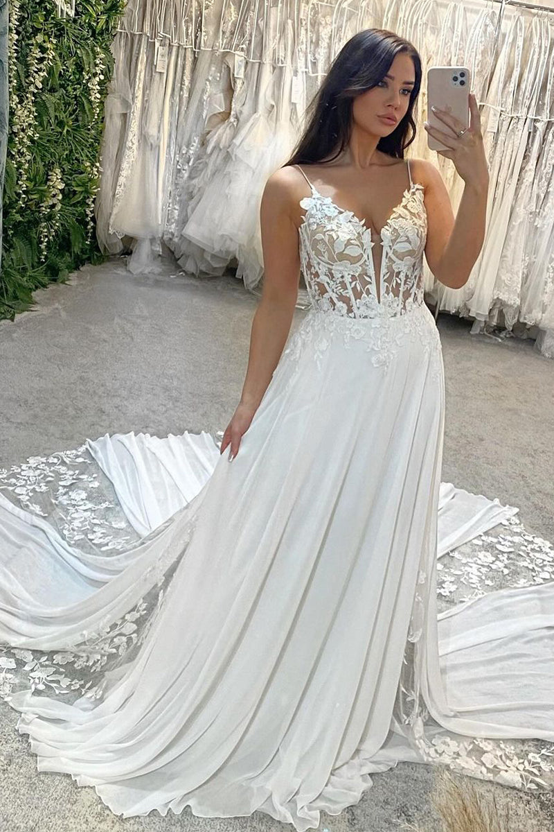 A-Line V Neck Chiffon Boho White Appliques Wedding Dresses