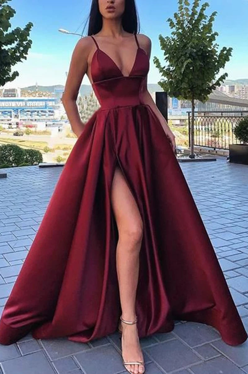 A Line Satin V Neck Burgundy 2025 Prom Dresses Spaghetti Straps