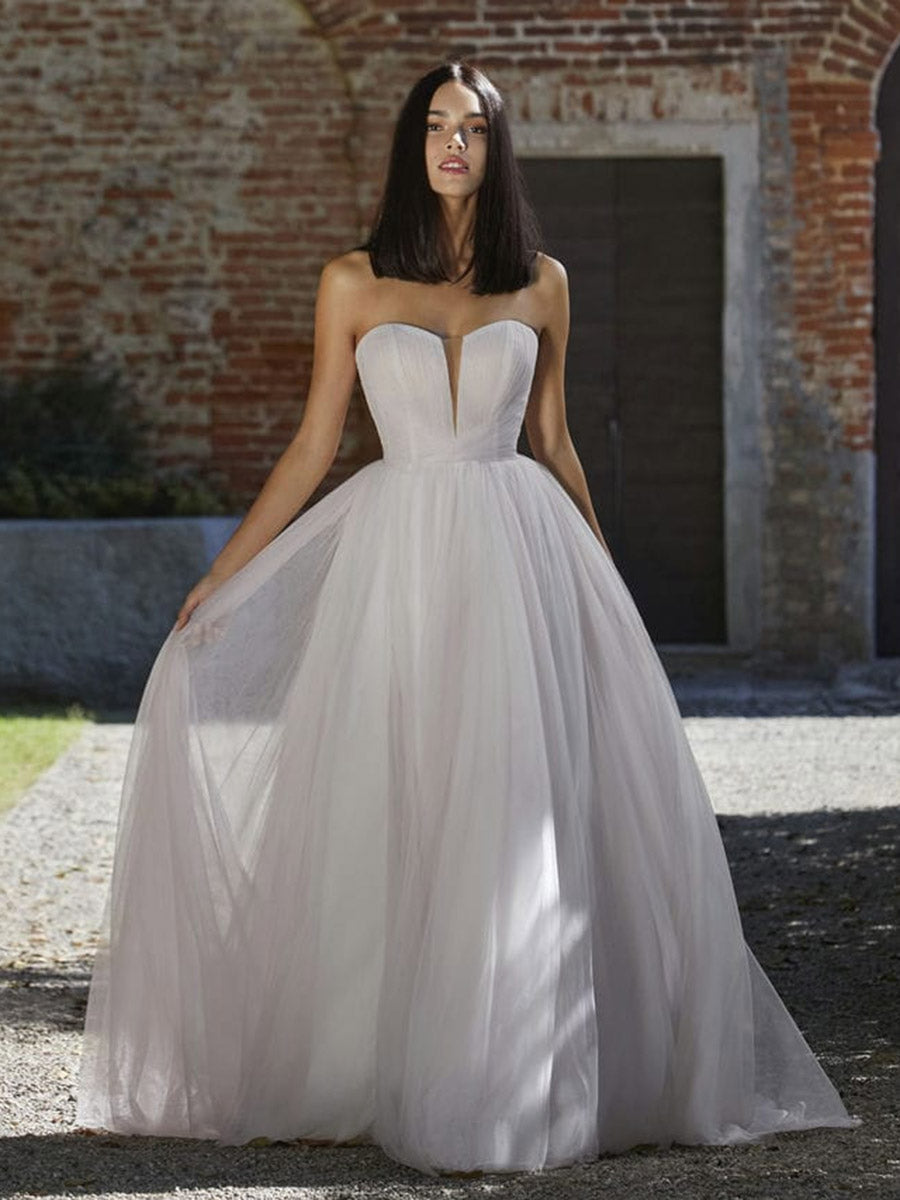 A-Line Strapless Sweetheart Tulle High Slit Wedding Dress with Train