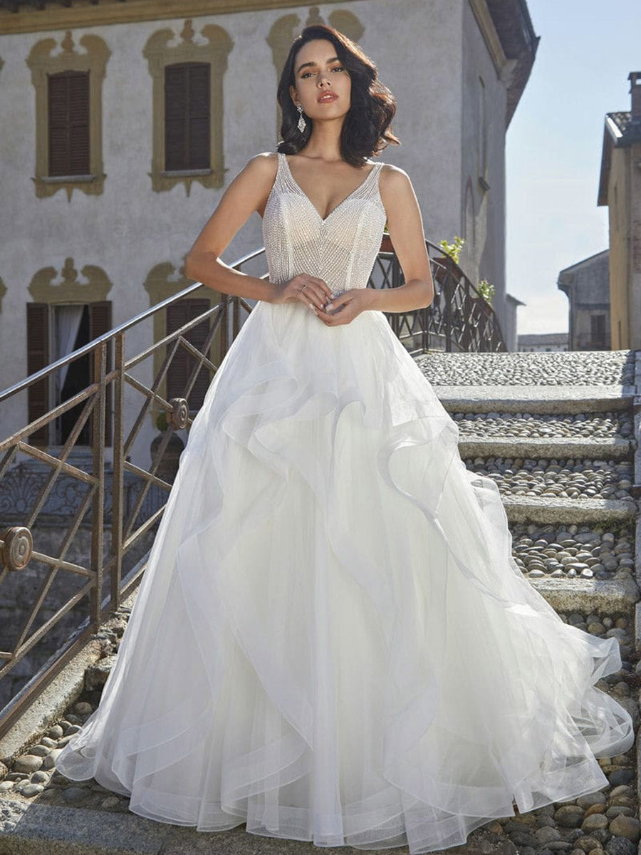 A-Line V-Neck Backless Beaded Tulle Wedding Dress with Train