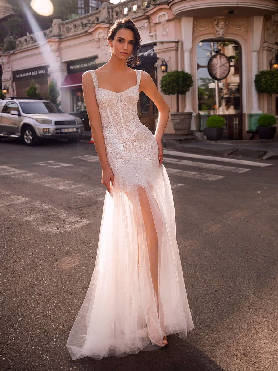 Straps Lace Tulle Open Back Wedding Dress