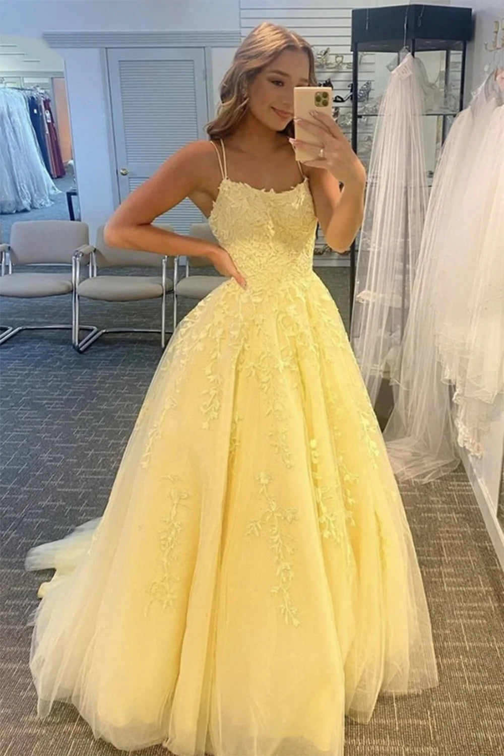 A Line Floor Length Lace Yellow Prom Dresses Spaghetti Straps