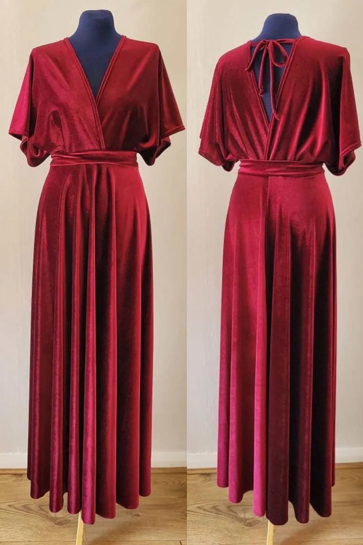 Burgundy Velvet Winter Formal Dresses V-Neck Long Bridesmaid Dress