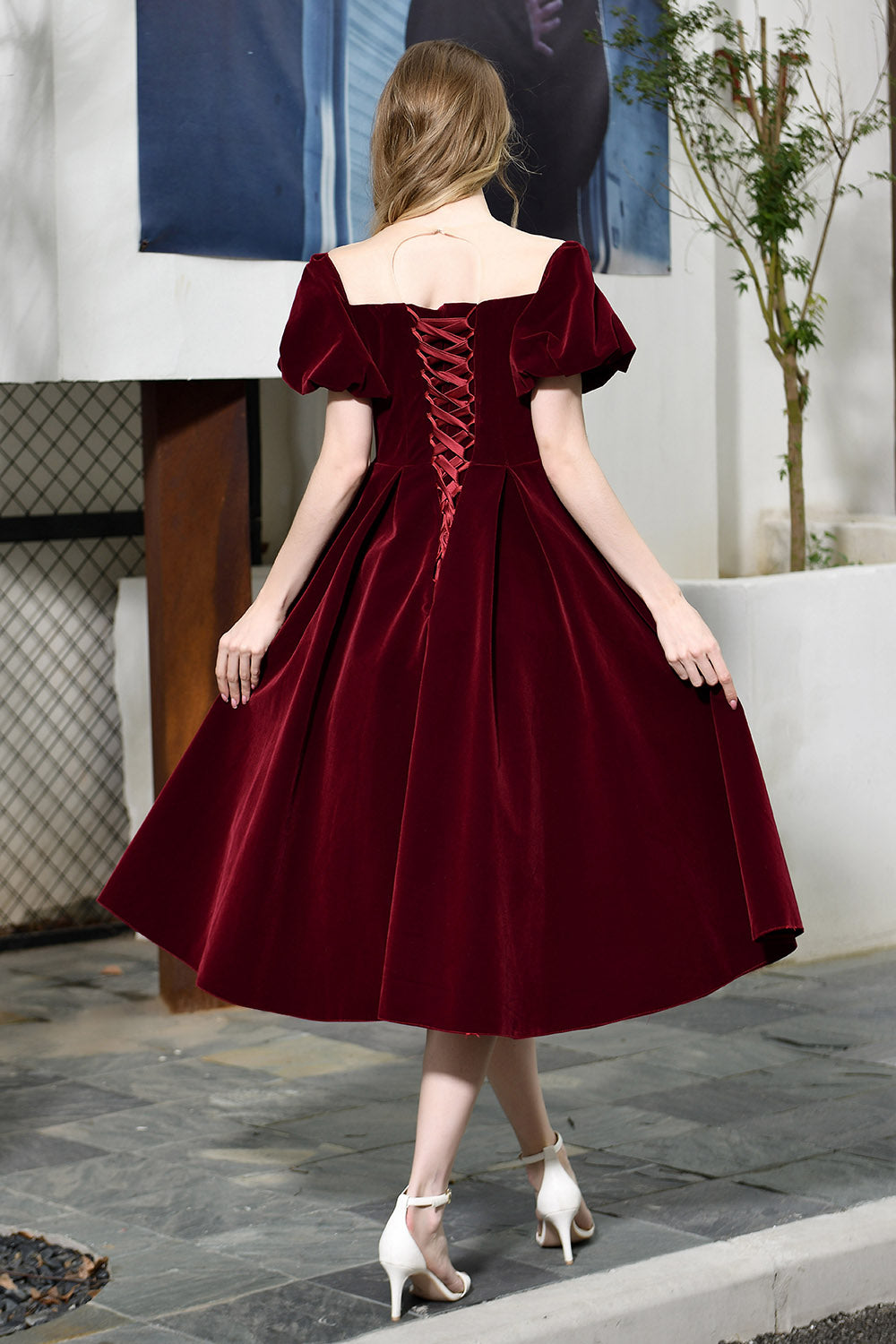 A Line Jewel Velvet Wine Prom Dresses Short Sleeves