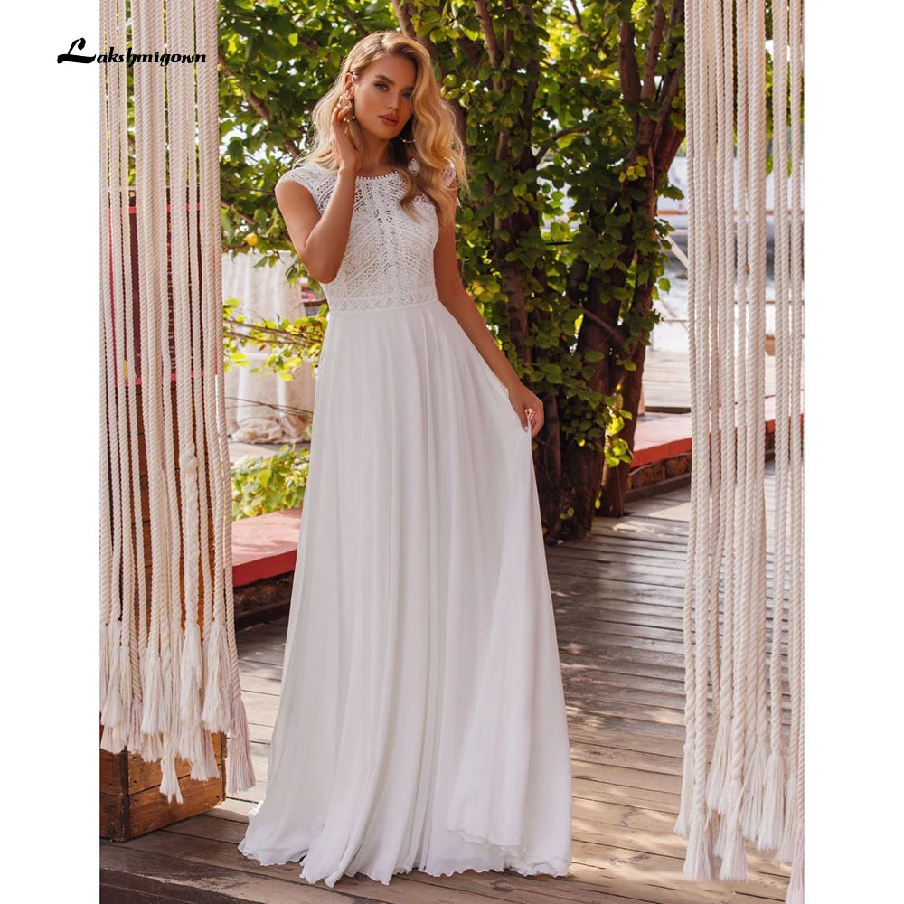 2021 Cap Sleeve Beach Wedding Dress Boho Gowns Elegant Sweep Train Lace Chiffon Brides Gown Robe De Mariee Lakshmigown