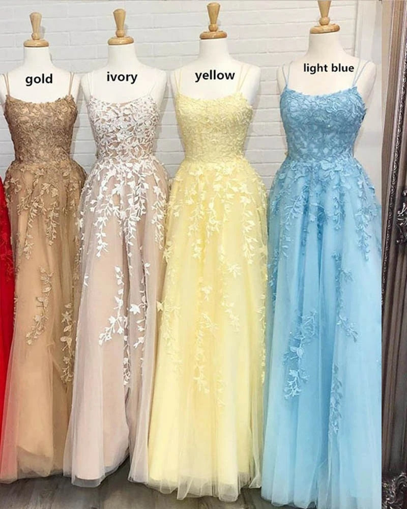 A Line Long Lace Prom Dresses Spaghetti Straps Sleeveless