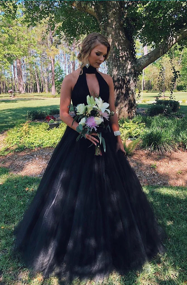 High Neck Gothic Wedding Dress Tulle Ball Gown Black Long Prom Dresses