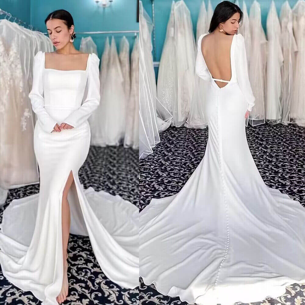 Mermaid High Side Split Backless Long Sleeves Square Neck Satin Wedding Dresses