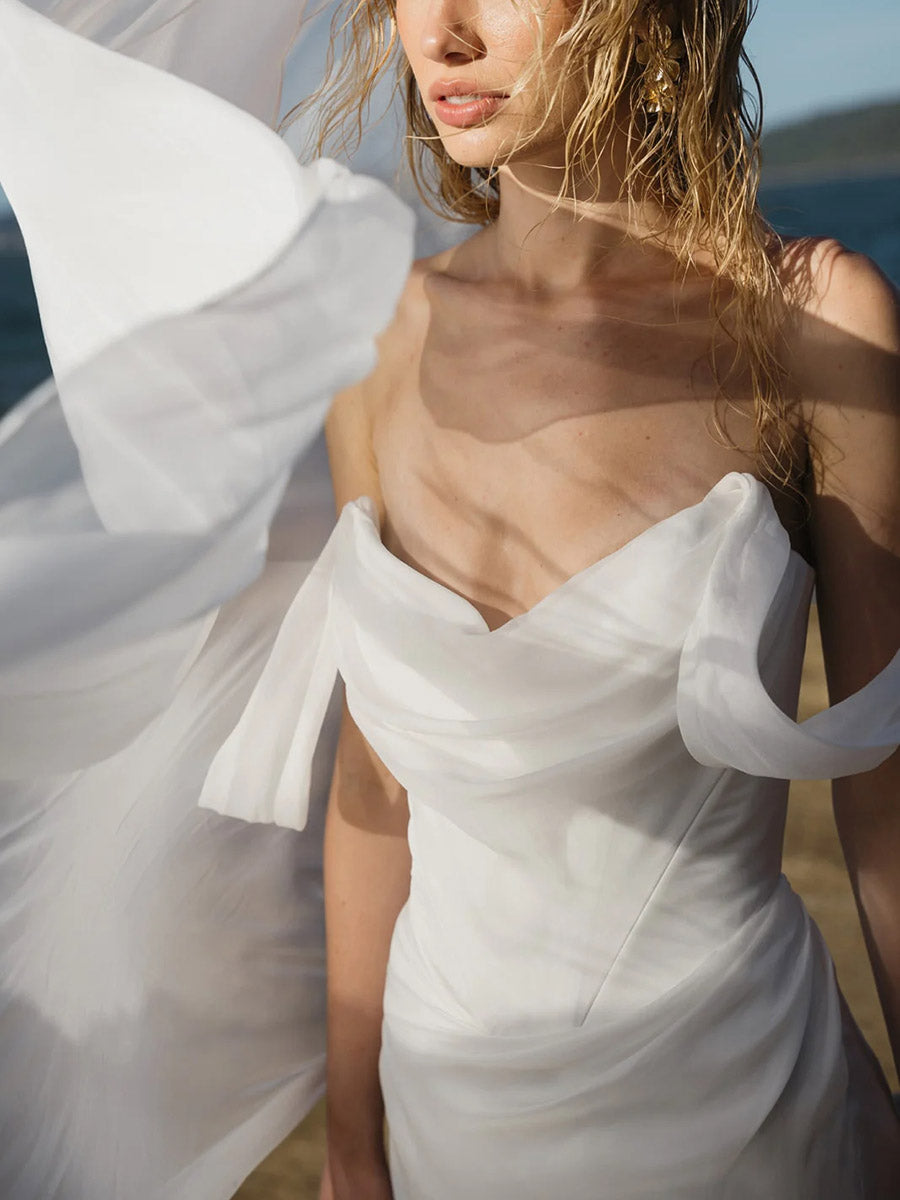 Off Shoulder V-Neck Draped Wedding Dress with Train