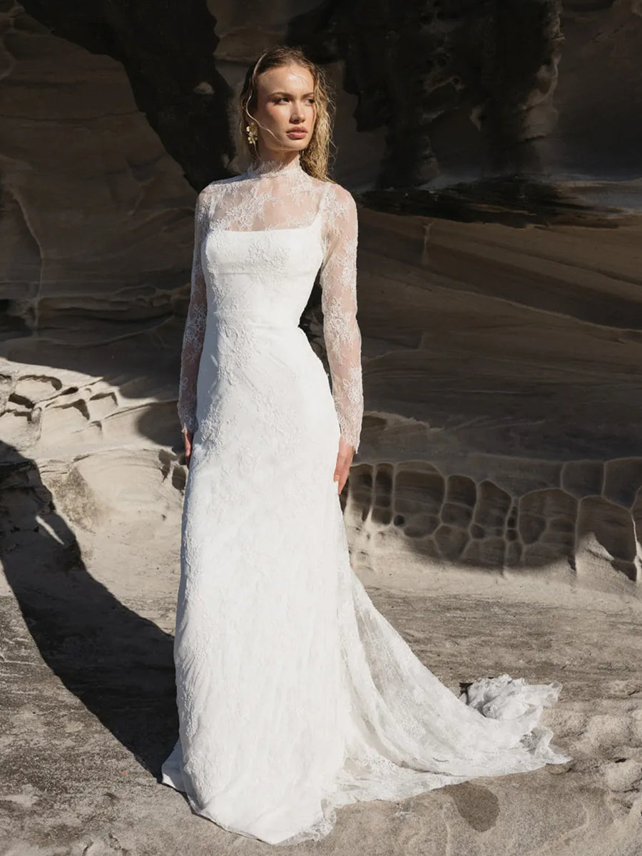 High Neck Long Sleeves Lace Illusion Wedding Dress with Train