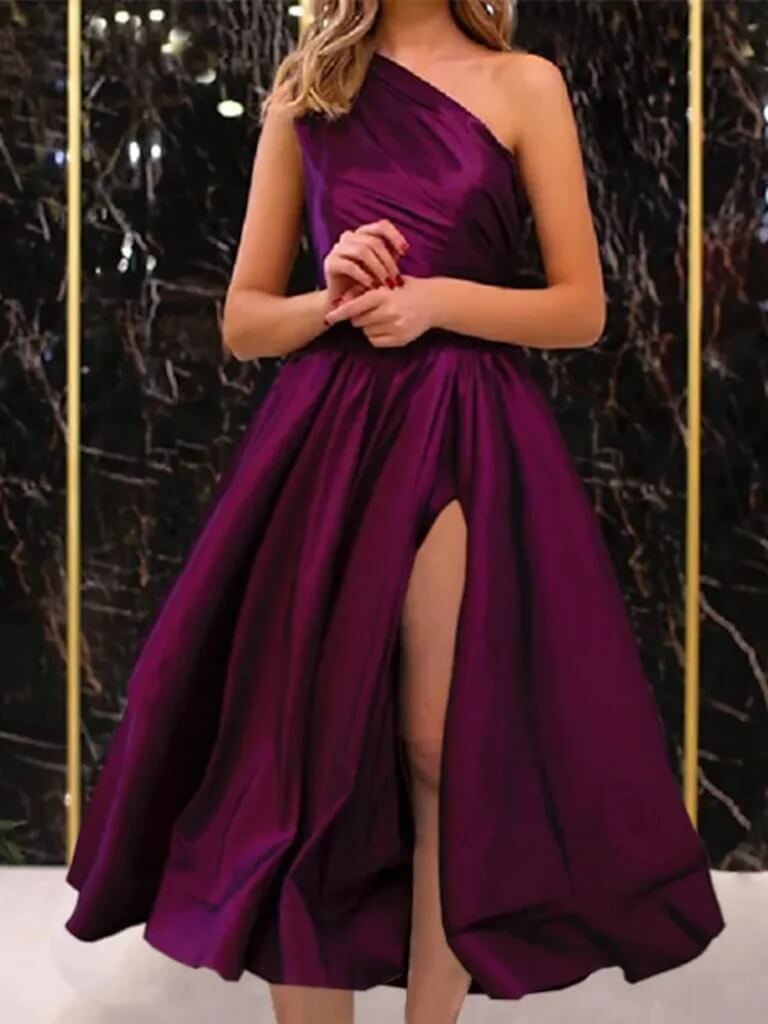 2025 One Shoulder Black Satin Wedding Guest Dresses Tea Length Prom Dresses