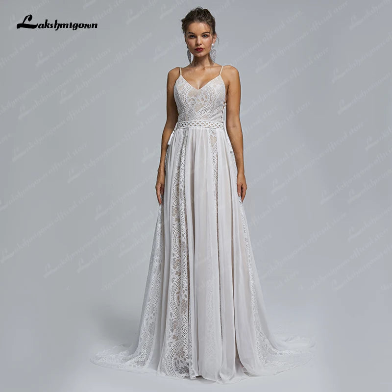 Spaghetti Straps Beach Lace Wedding Dresses Appliques Lace A-Line White  Bride Dress Princess Wedding Gown Backless Robe de marie - AliExpress