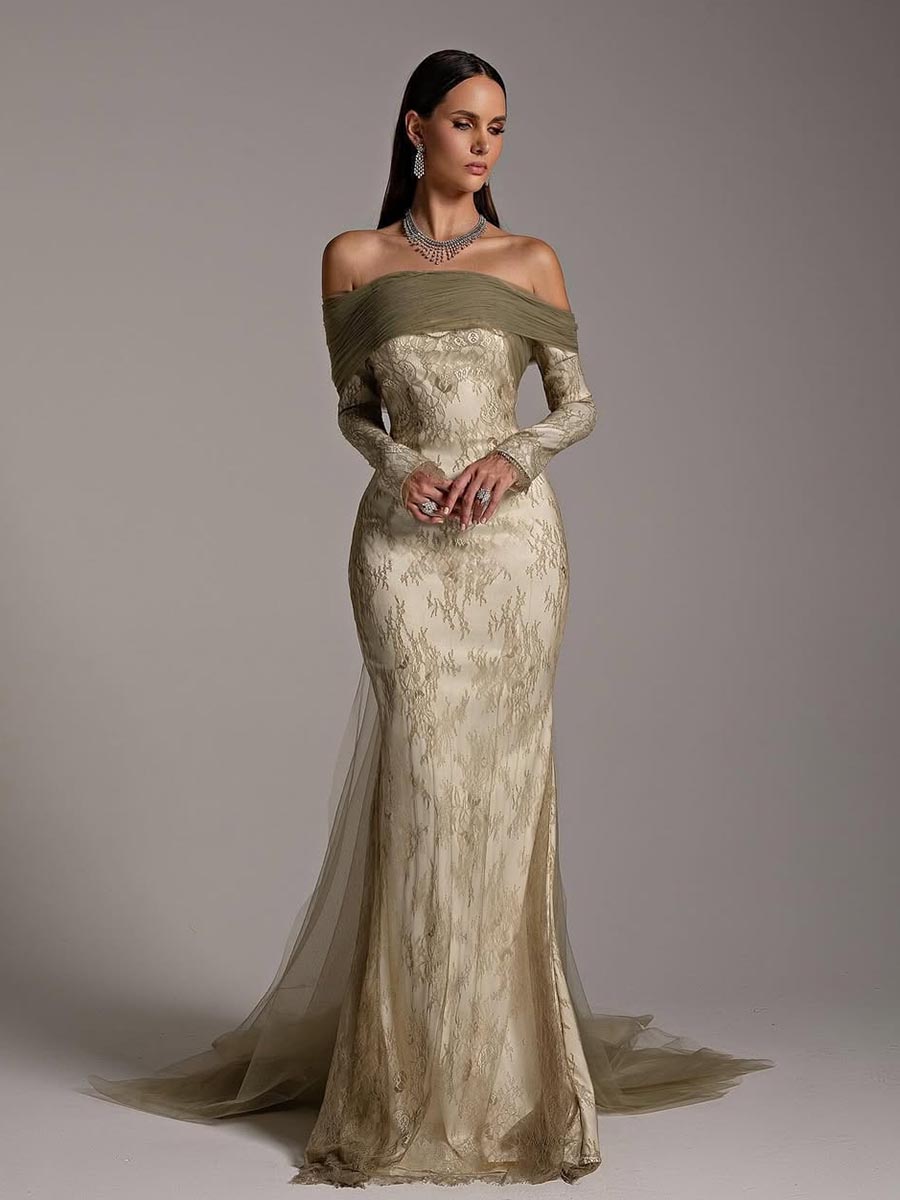 Off Shoulder Long Sleeves Lace Tulle Party Evening Prom Dress with Train