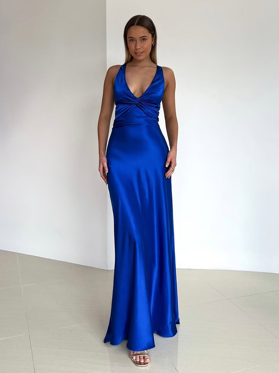 Deep V-Neck Sleeveless Sleek Satin Party Evening Prom Dress