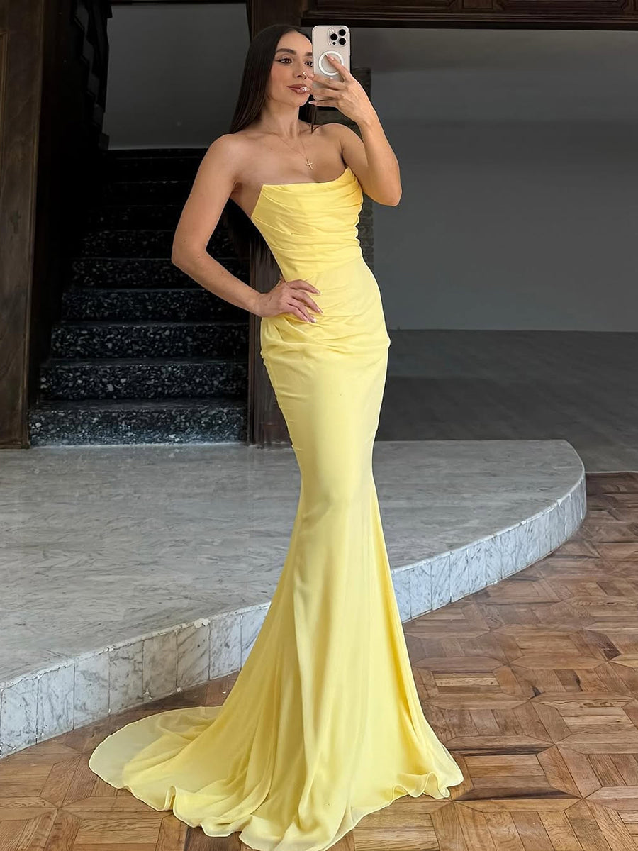 Strapless Draped Sleek Satin Mermaid Party Evening Prom Dress with Train