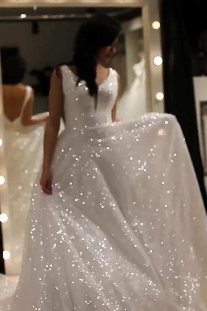 Sparkly A Line V-neck Sequins Wedding Gown Backless Prom Dress On Sale