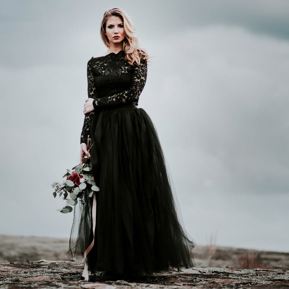 A-Line Black Lace Appliqued Wedding Dress With Train