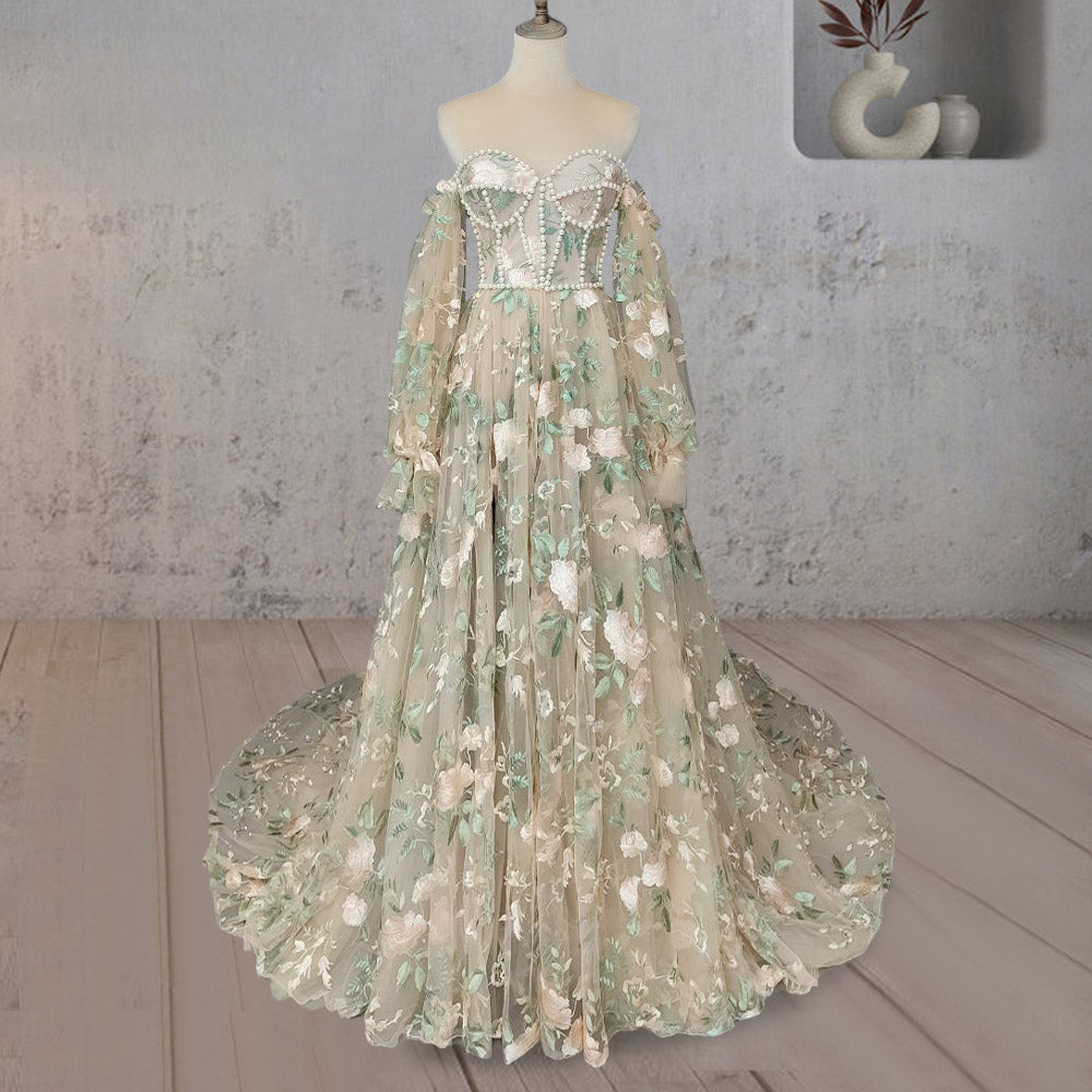 A-Line Light Green Sweetheart Pearl Wedding Dress