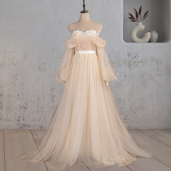 A-Line Off-the-Shoulder Long Sleeve Champagne Wedding Dress