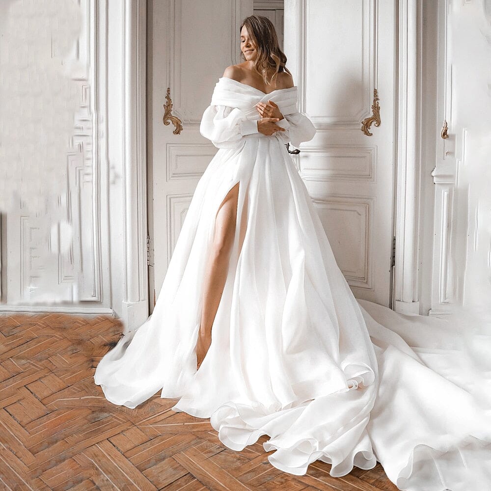 A-Line Off the Shoulder White Wedding Dress with Slit