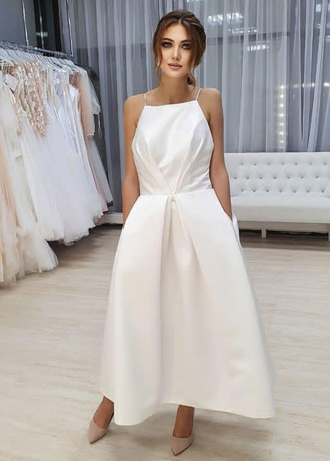 Simple Open Back Tea Length A-Line Sleeveless Spaghetti-Straps Wedding Dress with Pockets