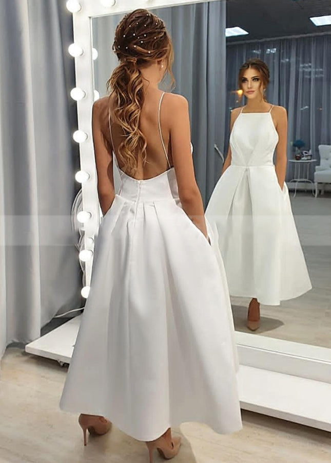 Simple Open Back Tea Length A-Line Sleeveless Spaghetti-Straps Wedding Dress with Pockets