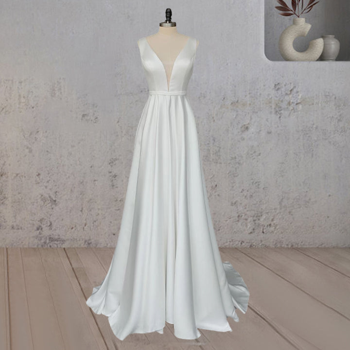 A-Line White Satin Elegant V Neck Wedding Dress