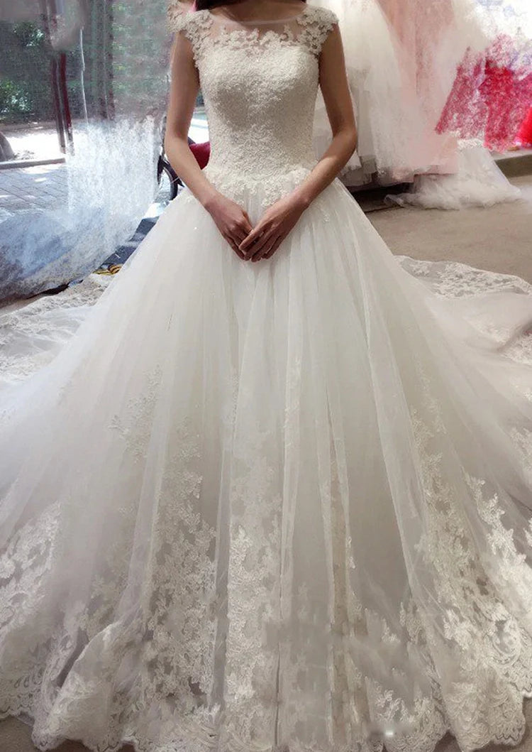 Ball Gown Cap Sleeve Bateau Applique Court Train Lace Tulle Wedding Dresses