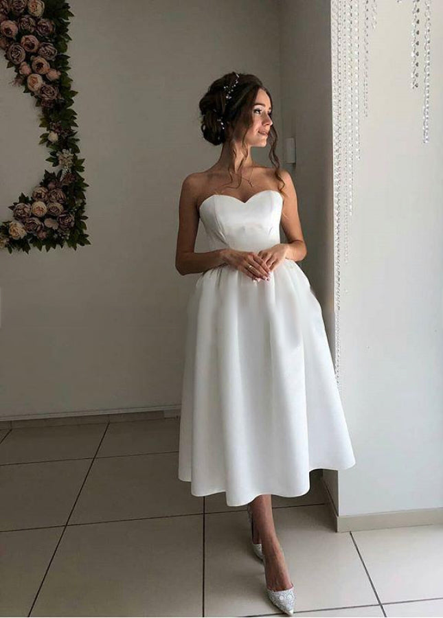 Short Satin Sweetheart Tea-length Bridal Dress for Casual Wedding