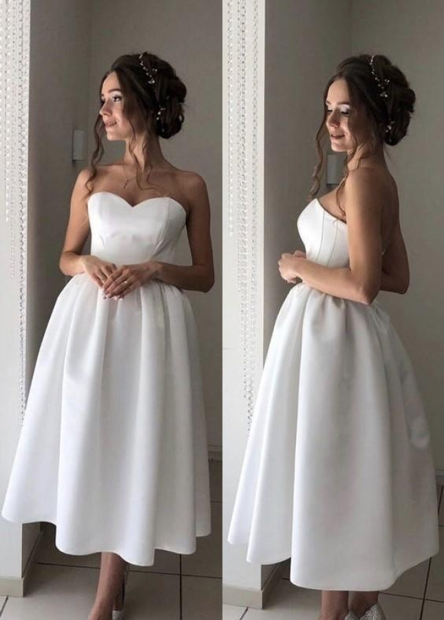 Short Satin Sweetheart Tea-length Bridal Dress for Casual Wedding