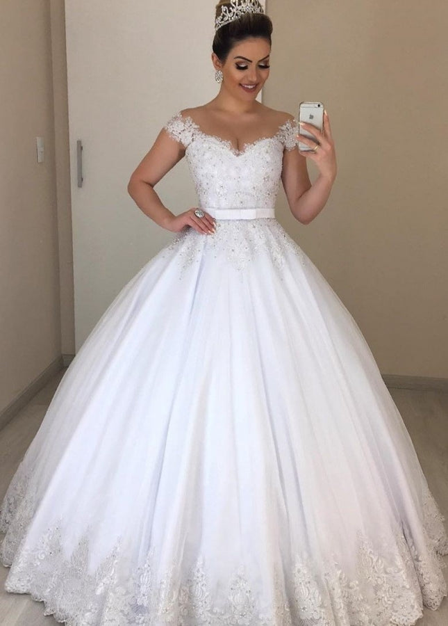 Luxurious Beading Appliques Off-the-Shoulder Tulle Wedding Dress