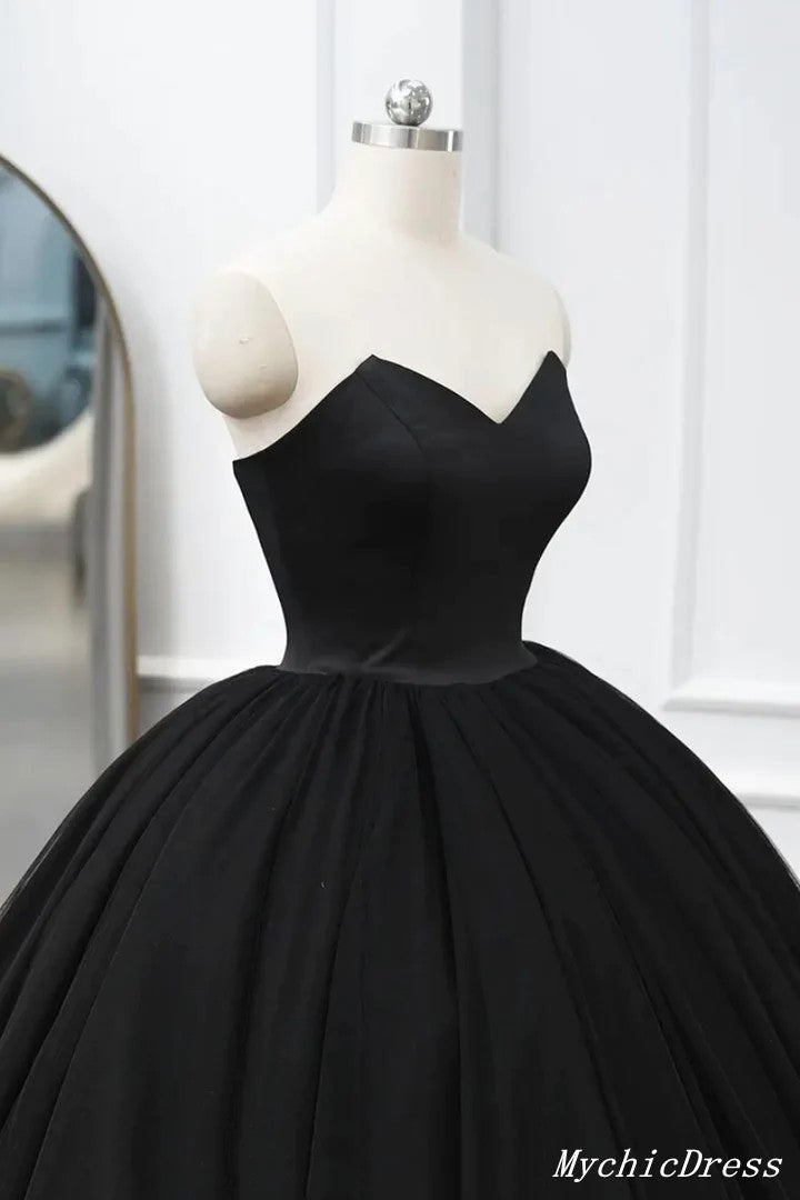 Cheap Ball Gown Black Wedding Dresses Satin Tulle Sleeveless Prom Dress