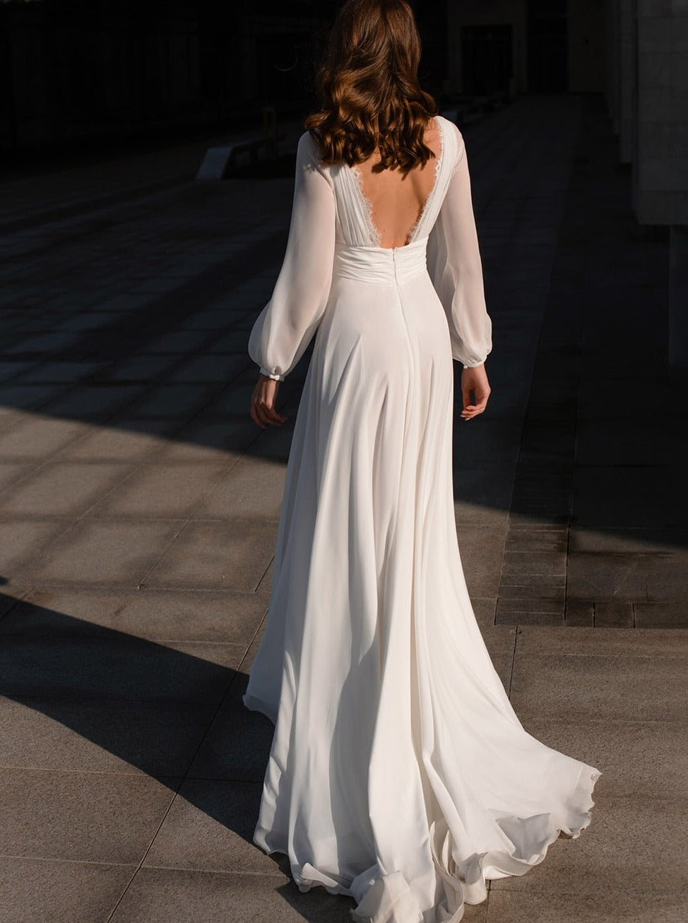 Boho A-Line White V Neck Long Sleeve Wedding Dress