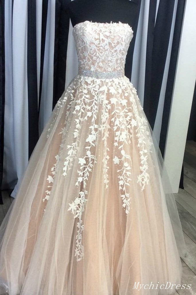 A Line Strapless Beaded Lace Prom Dresses Zipper