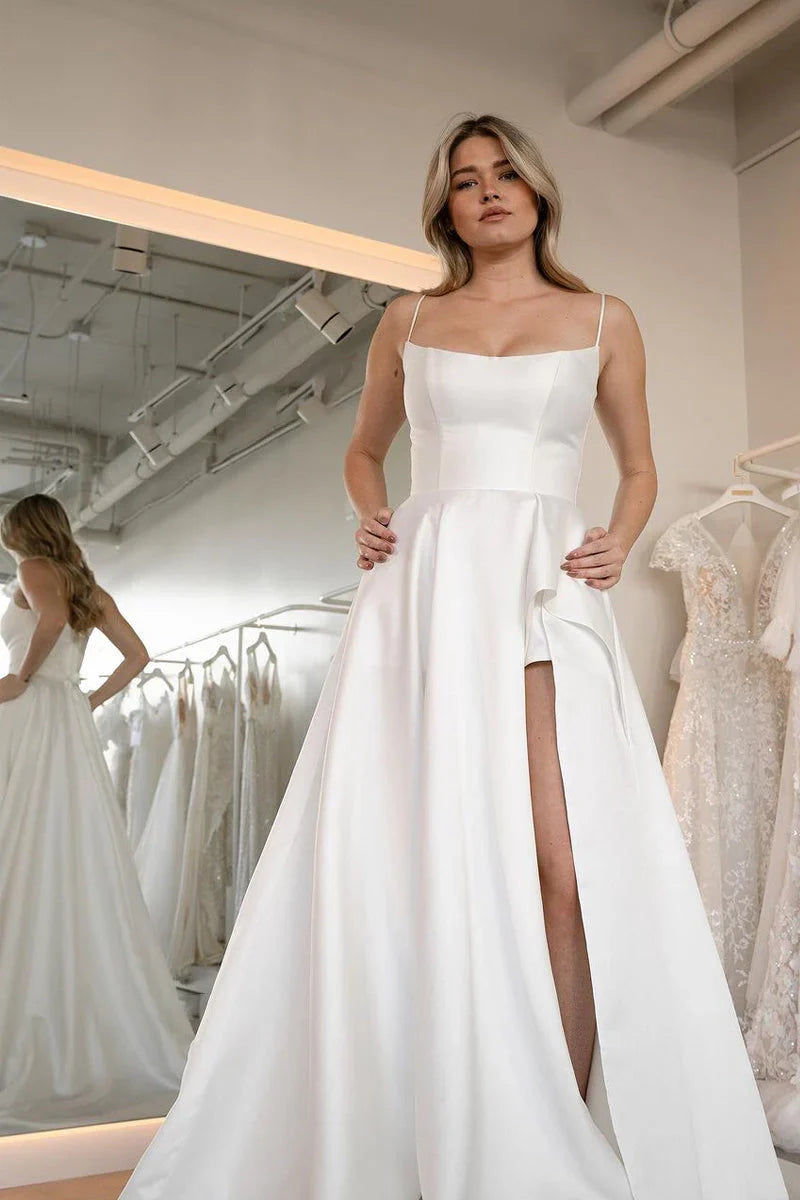 Lilliana | Simple A-Line Scoop Neck Satin Wedding Dresses with Slit