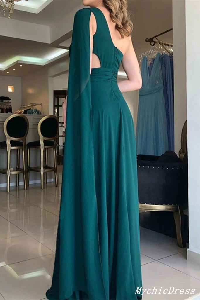 Long Green One Shoulder 2025 Prom Dresses Chiffon Simple Evening Dress