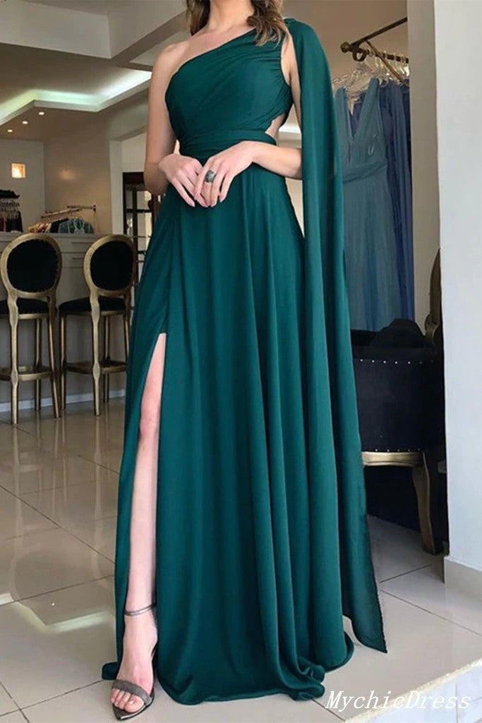 Long Green One Shoulder 2025 Prom Dresses Chiffon Simple Evening Dress