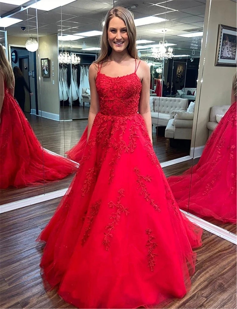 A Line Spaghetti Straps Red Lace Long Prom Dresses