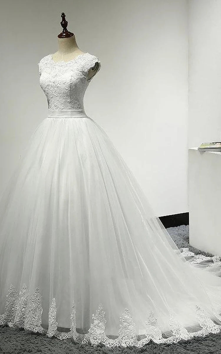 Jewel Neck Cap Sleeve Tulle Ball Gown With Scalloped Hem