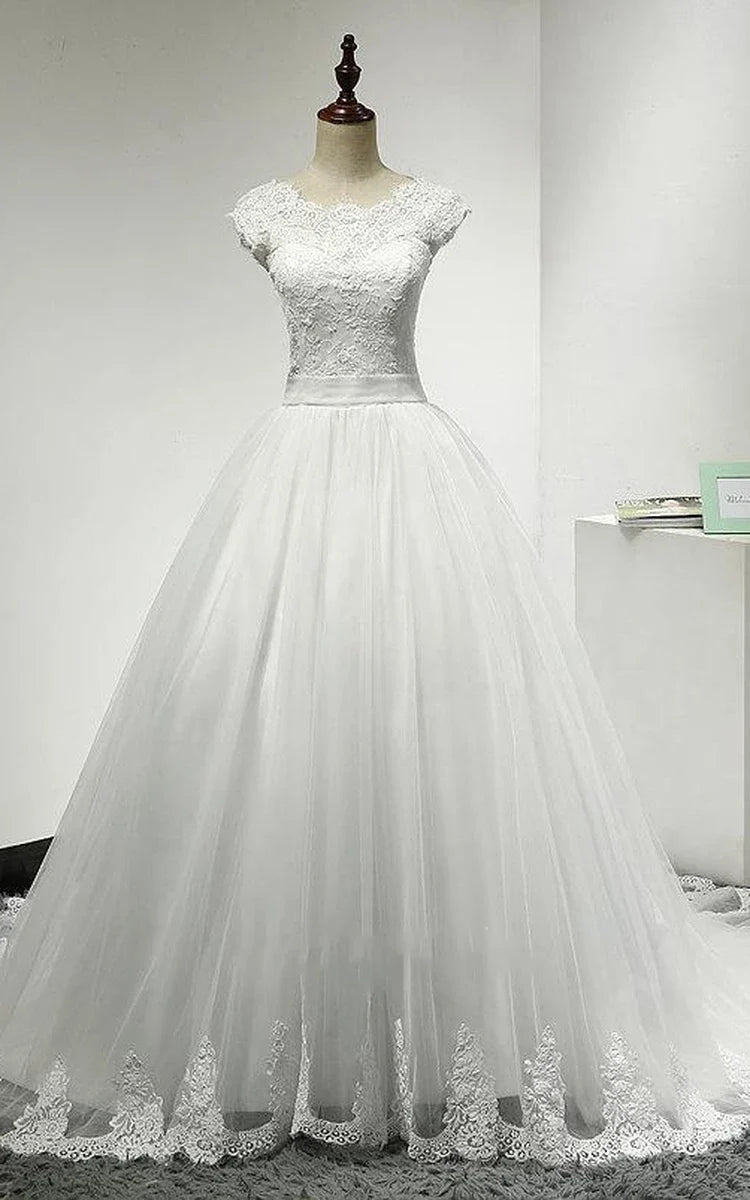 Jewel Neck Cap Sleeve Tulle Ball Gown With Scalloped Hem