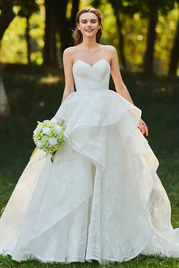 Runa | Lace Open Back Sweetheart Cascading Ruffles Sleeveless Bridal Ball Gown