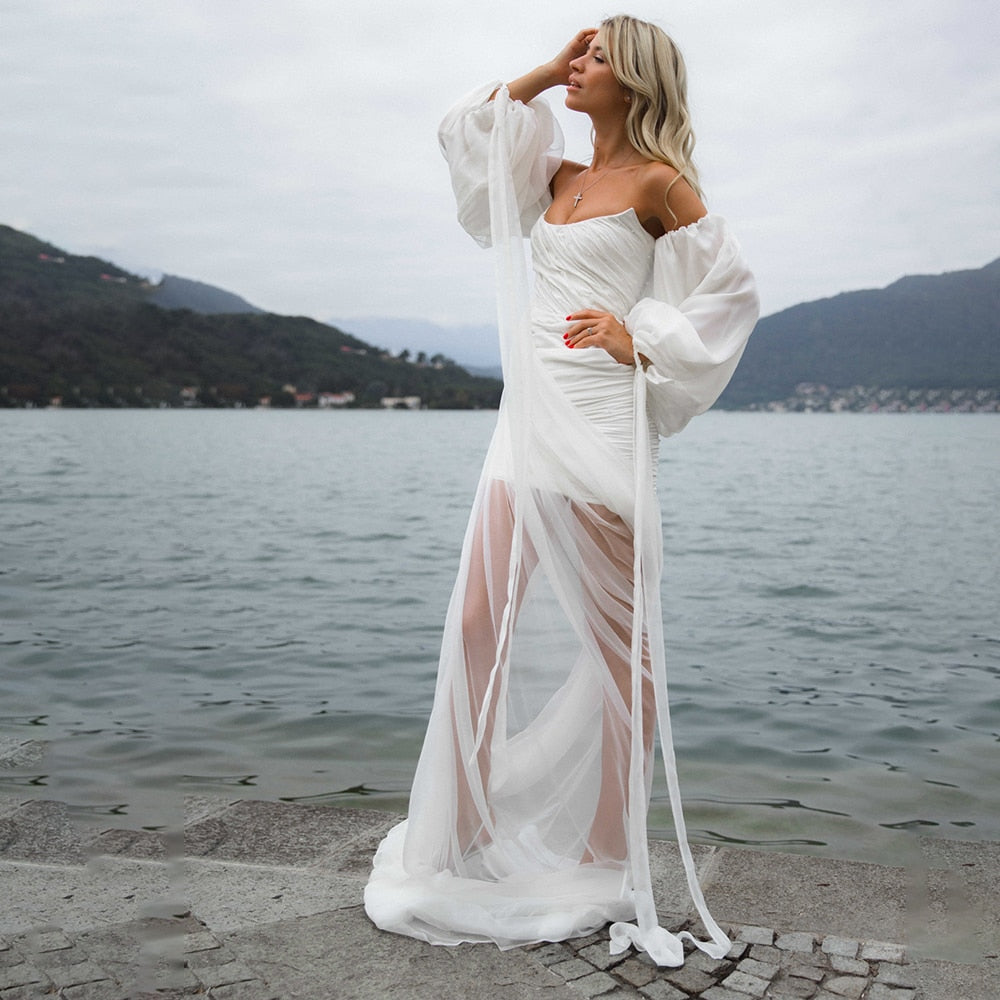 Modern Chiffon Minimalist Wedding Dress with Detachable Long Sleeves