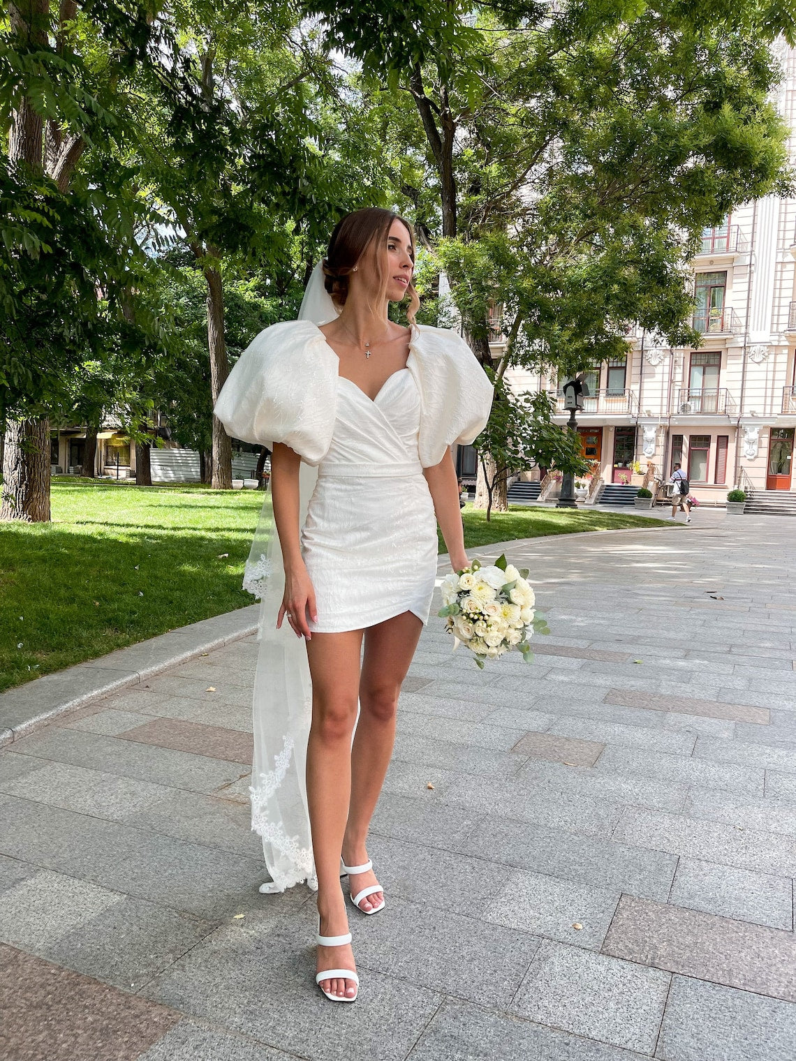 Madison | Sheath White Puff Sleeves Short V-Neck Wedding Dress