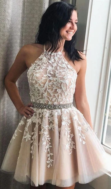 Short ivory Halter Homecoming Dresses Lace A Line Mini Prom Dresses