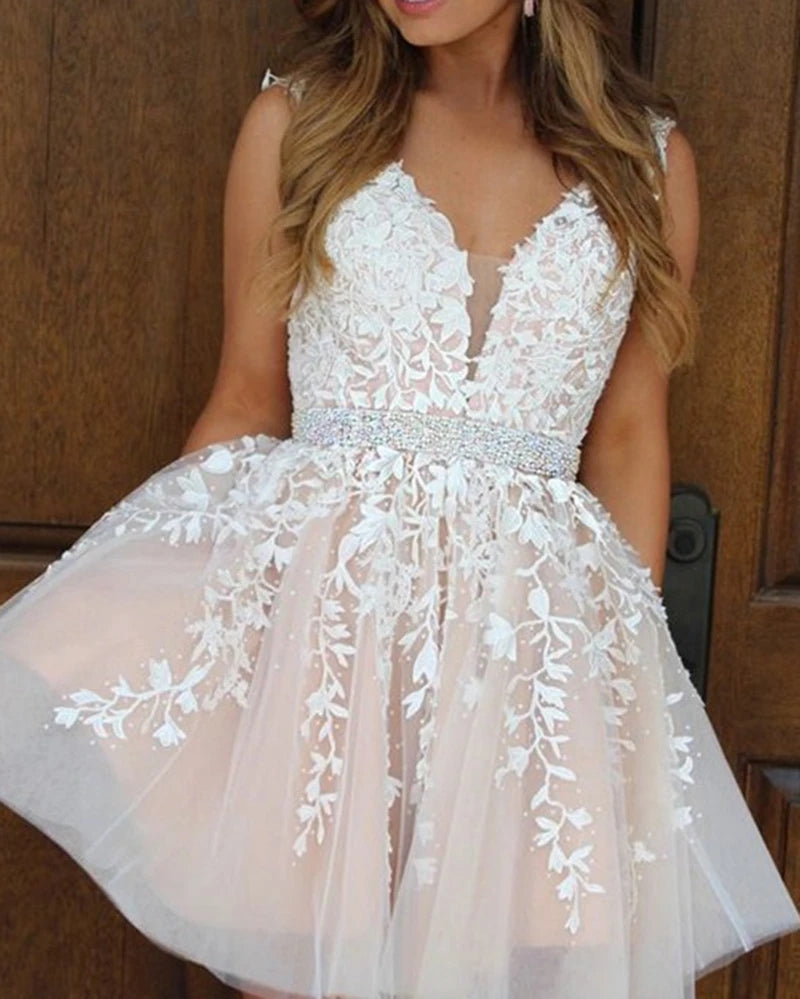 A Line Short Lace Prom Dresses with Beading Belt