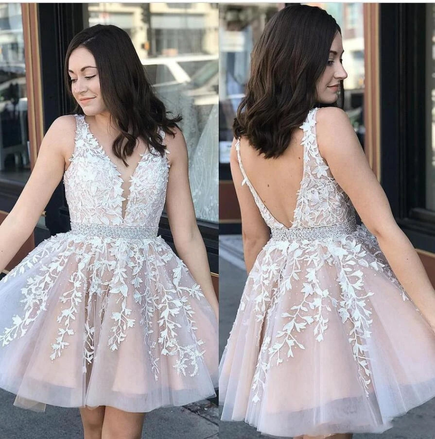 A Line Short Lace Prom Dresses with Beading Belt