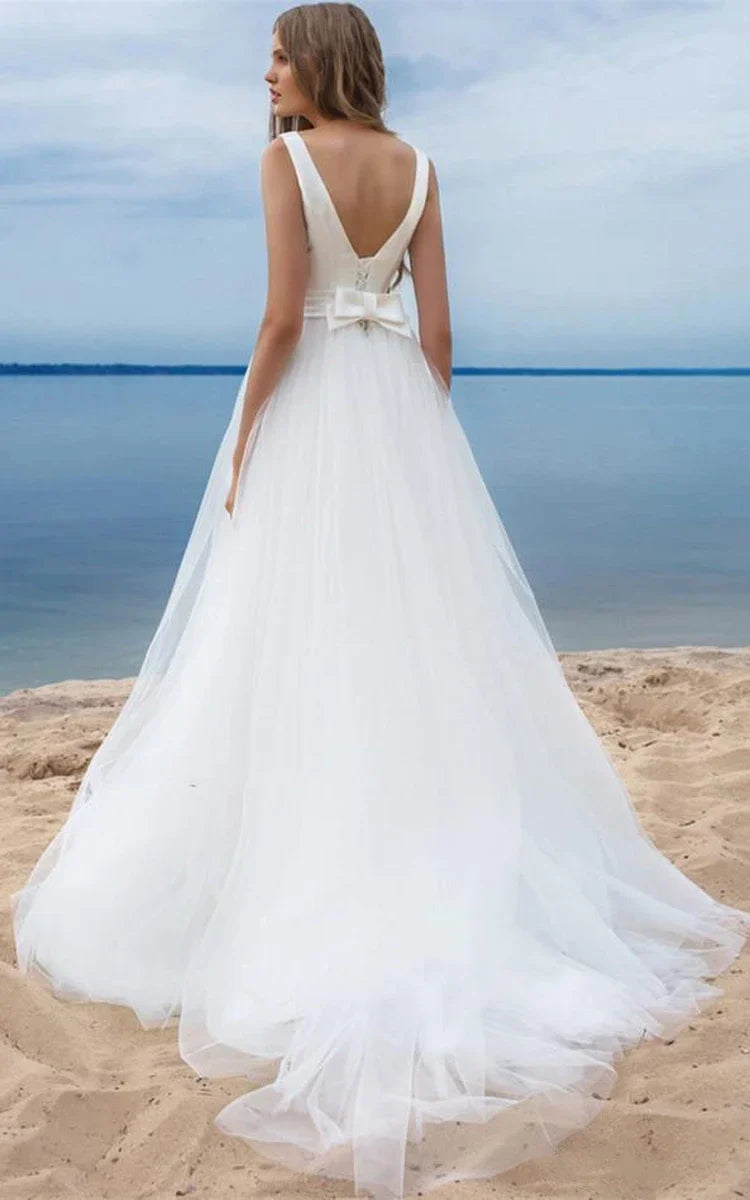 Simple Ball Gown Satin Tulle Bateau Sleeveless Wedding Dress With Bow and Ribbon